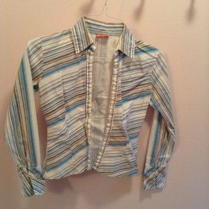 Teal, brown, white striped Pink button up size S